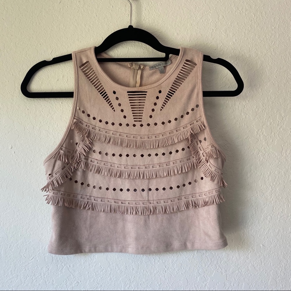 CHARLOTTE RUSSE FAUX SUEDE FRINGE LASER-CUT CROP